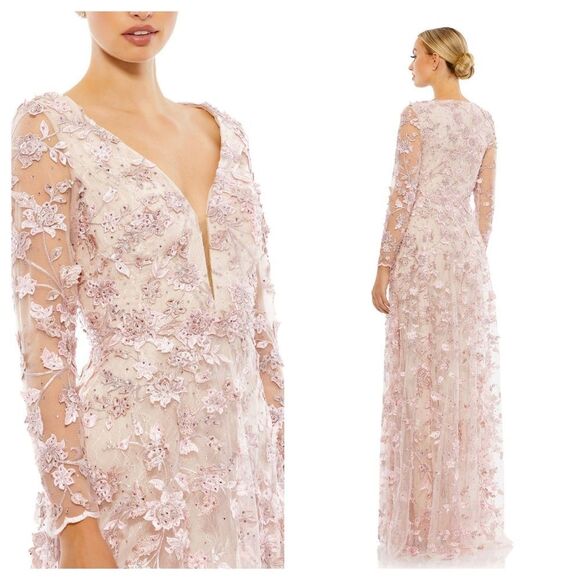 Mac Duggal FLORAL APPLIQUE LONG SLEEVE ILLUSION GOWNR $398 size 4 - Picture 2 of 7